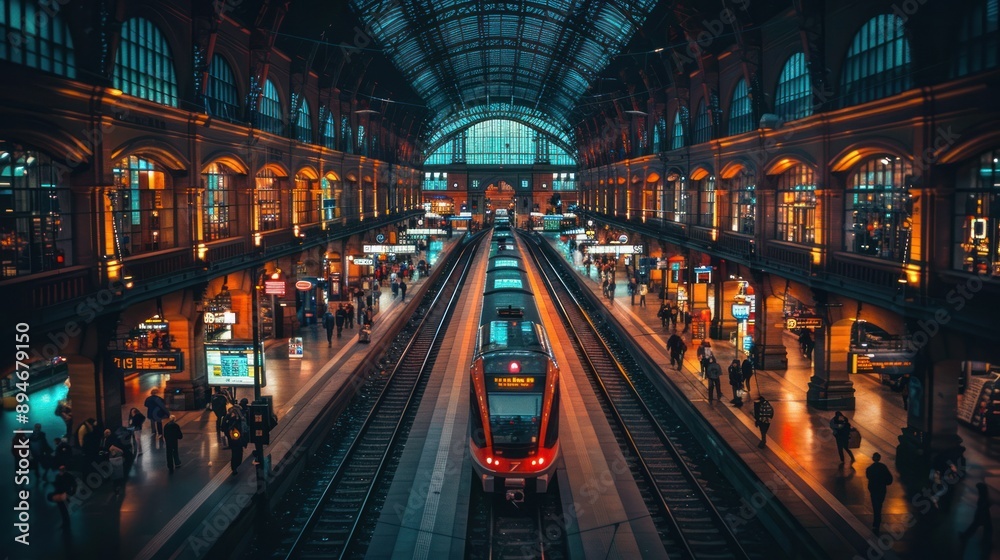 Obraz premium A train station lit up at night, bustling with travelers heading to their destinations