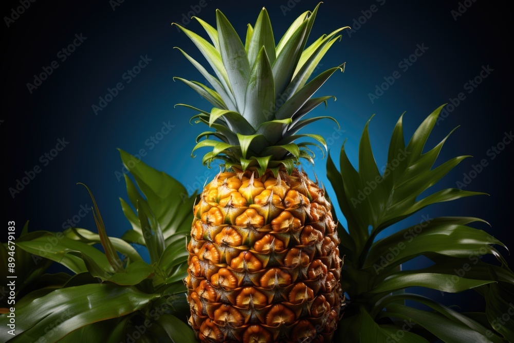Fresh pineapple cut with tropical leaves in dark blue background, generative IA Fresh pineapple cut with tropical leaves in dark blue background, generative IA