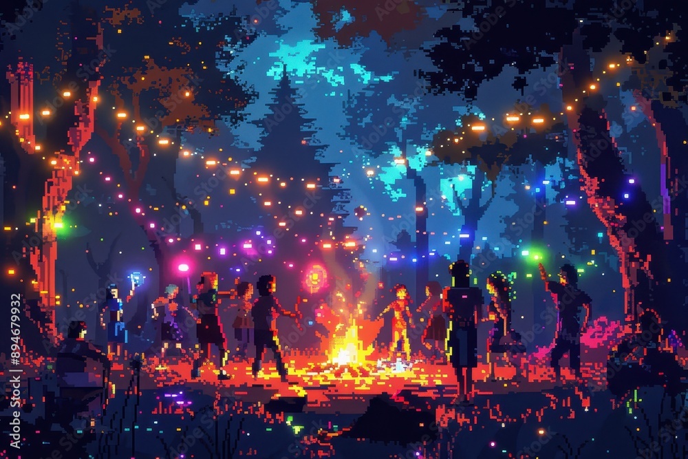 Fototapeta premium A group of people are gathered around a fire in a forest