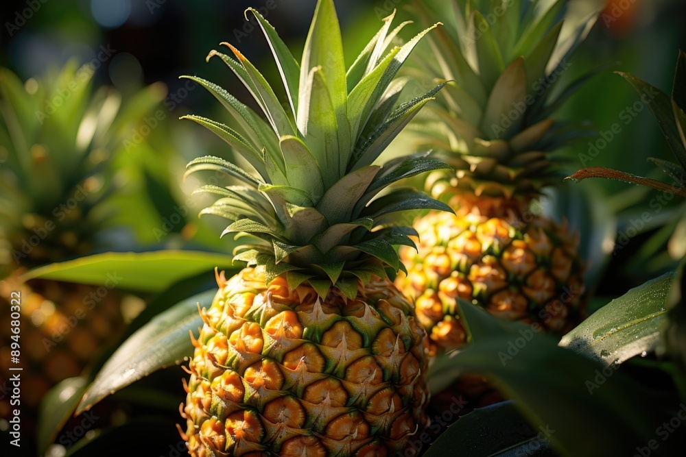 Mature pineapple with green leaves, generative IA Mature pineapple with green leaves, generative IA