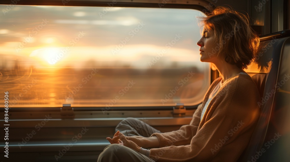 A solo traveler meditating in a quiet train car, embracing mindfulness and peace on the journey A solo traveler meditating in a quiet train car, embracing mindfulness and peace on the journey