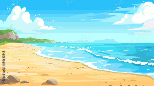 Seascape with beach and sea. Cartoon vector background sandy beach by the ocean