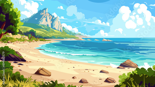 Cartoon vector background sandy beach by the ocean. Seascape with beach and sea