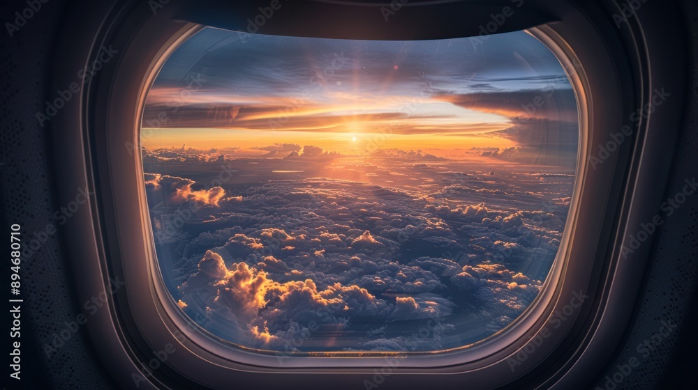 A serene sunrise view from the airplane window, starting the day with a picturesque scene A serene sunrise view from the airplane window, starting the day with a picturesque scene