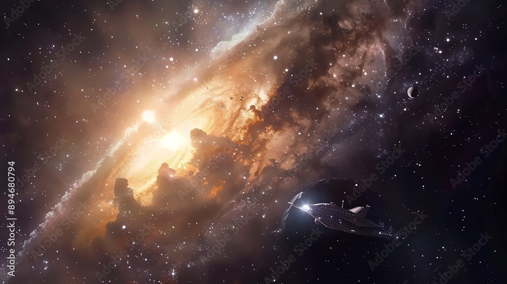Naklejka premium Interstellar Travel, Portray the concept of spacecraft journeying between stars in distant galaxies