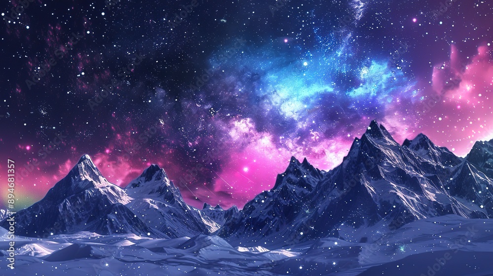 Beautiful starry sky, aurora, snow capped mountains and land background illustration, dreamy galaxy, night sky abstract poster webpage design Beautiful starry sky, aurora, snow capped mountains and land background illustration, dreamy galaxy, night sky abstract poster webpage design