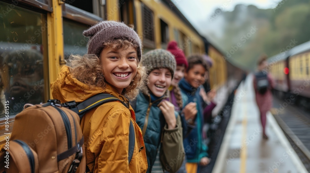 A group of students on a school trip, excitedly boarding a train, ready for their educational adventure A group of students on a school trip, excitedly boarding a train, ready for their educational adventure
