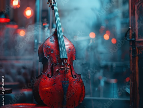 An elegant upright bass displayed in a smoky jazz club, capturing the essence of live music, vintage ambiance, and timeless musical heritage.