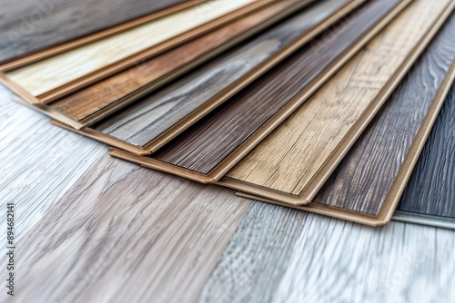 Laminate samples. Production of vinyl, veneer material floors. Home Decor Floor Samples. Parquet with wood pattern texture for flooring interior design. Wood chipboard. Construction finishing, advert