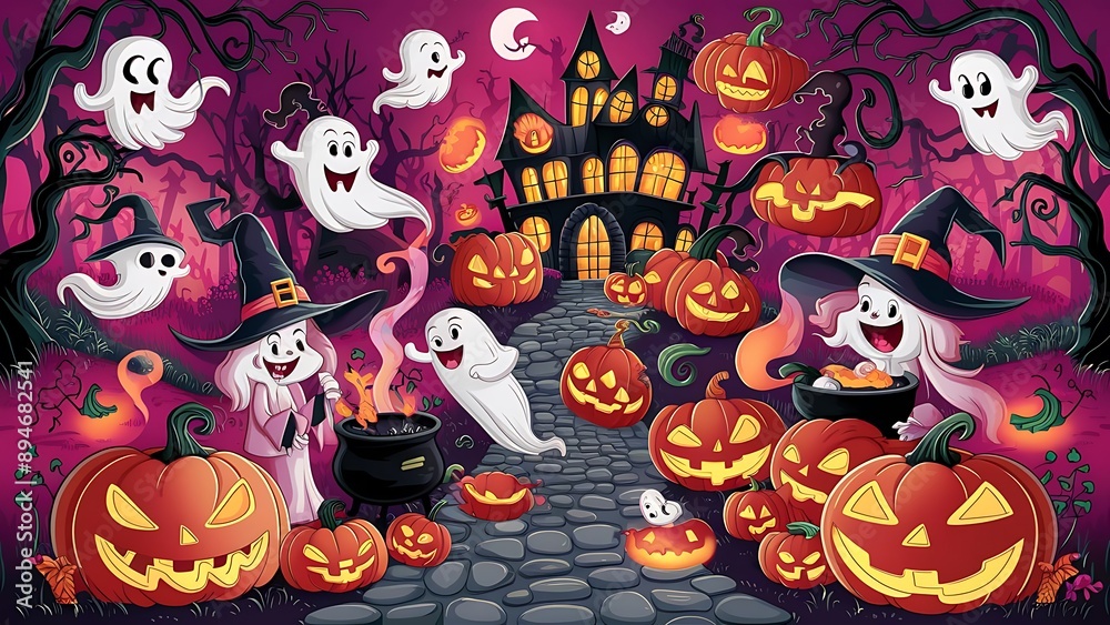 Spooky halloween illustration, pumpkins castle, dark, cartoon style for kids cartoon themed with halloween house in background. Spooky halloween illustration, pumpkins castle, dark, cartoon style for kids cartoon themed with halloween house in background.