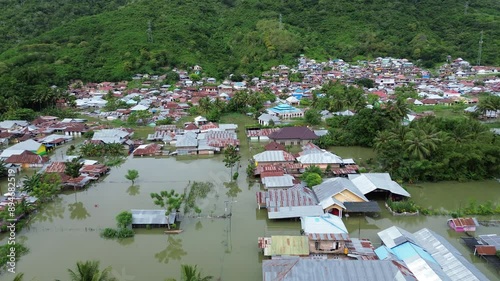 Aerial view of flooded area in Tualango village, Gorontalo, Indonesia 
 photo