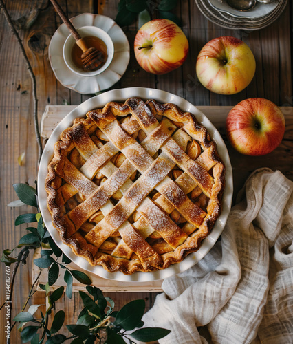 Homemade apple pie on table, top view	