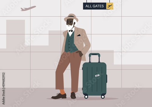 A dapper gentleman in a hat and suit stands patiently at the airport, luggage in hand, awaiting his departure