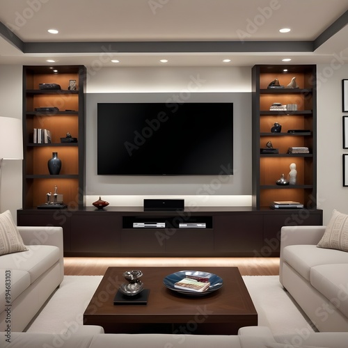 Sleek and modern entertainment room featuring a custom-built media center and storage unit