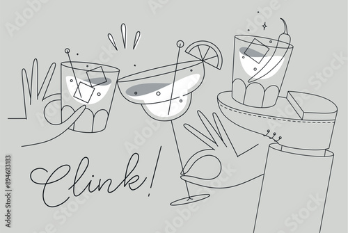 Obraz na płótnie Cocktail glasses cheers for whiskey, vermouth, gin, martini, aperol, margarita in modern flat line style on grey background w salonie