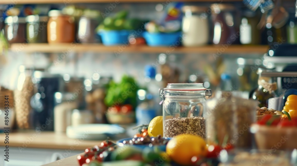 Vibrant Kitchen Counter with Fresh Produce and Pantry Items