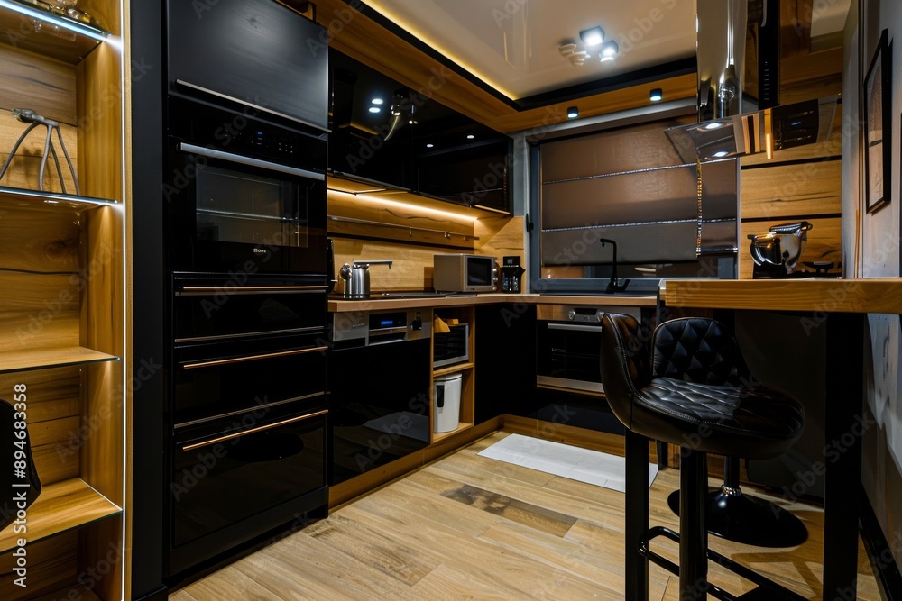 Interior of modern kitchen with black and brown furniture. Nobody inside Interior of modern kitchen with black and brown furniture. Nobody inside