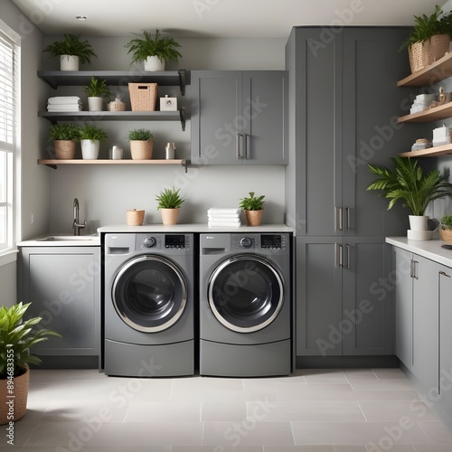 Modern gray laundry room featuring a sleek washer and dryer set.