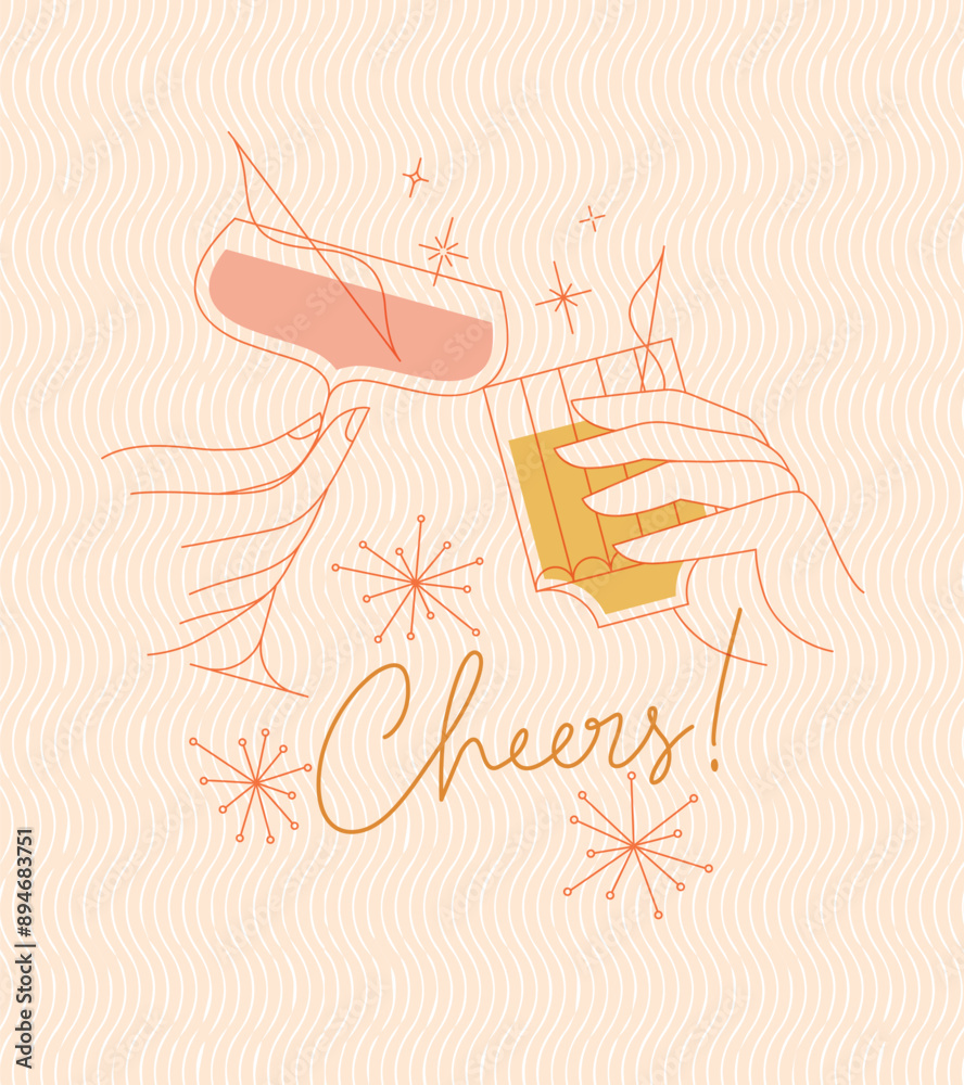 Poster clinking glasses with lettering cheers drawing with color on beige background