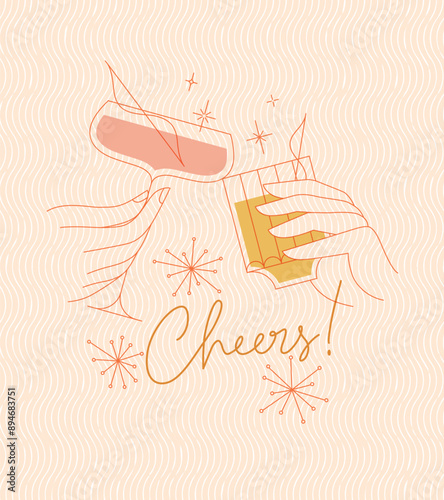 Obraz na płótnie Poster clinking glasses with lettering cheers drawing with color on beige background w salonie