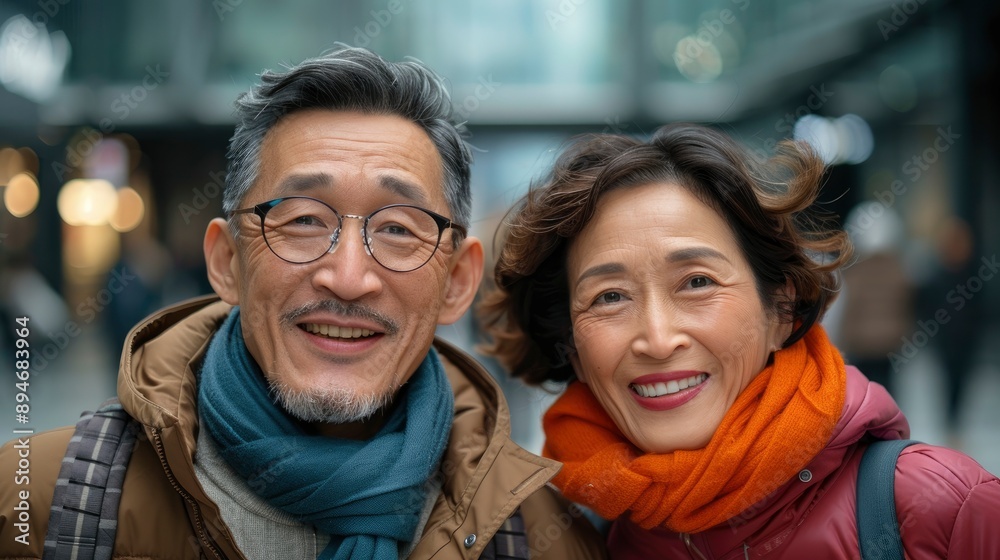 An Asian Tourist Couple Talking On The Sidewalk, Enjoying Their Conversation An Asian Tourist Couple Talking On The Sidewalk, Enjoying Their Conversation