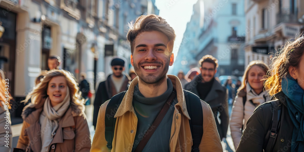 Fototapeta premium Crowd of people walking city street smiling happy