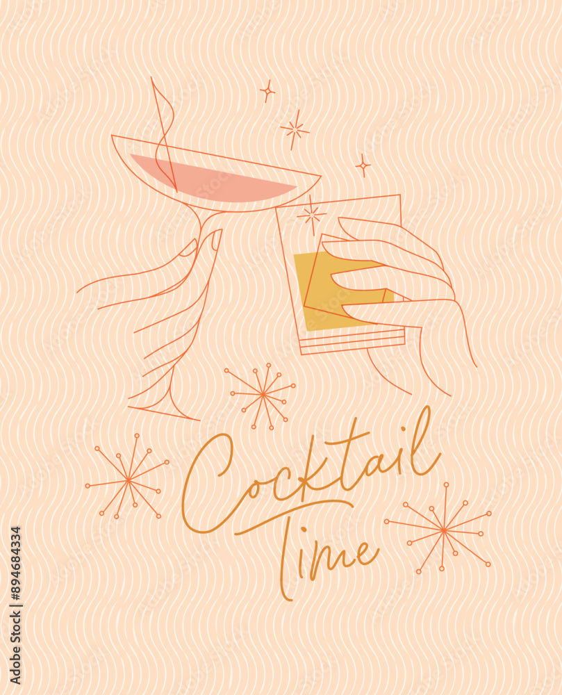 Poster clinking glasses with lettering cocktail time drawing with color on beige background