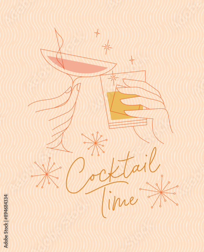 Obraz na płótnie Poster clinking glasses with lettering cocktail time drawing with color on beige background w salonie