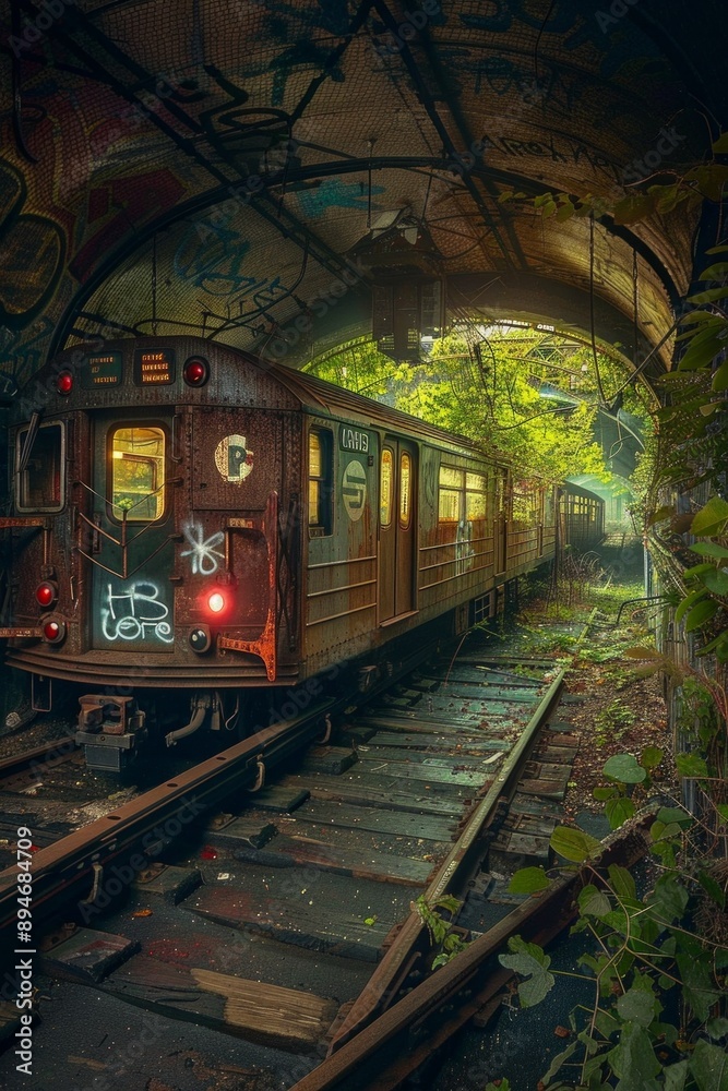 Abandoned Subway Station. An old, forgotten subway station, partially reclaimed by nature. Broken tiles and graffiti-covered walls are illuminated by flickering, eerie lights.