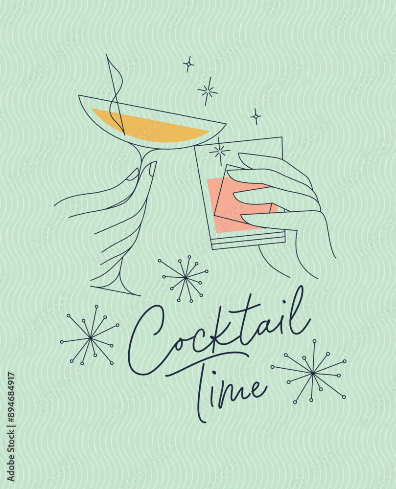Poster clinking glasses with lettering cocktail time drawing with color on green background