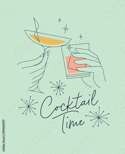 Obraz na płótnie Poster clinking glasses with lettering cocktail time drawing with color on green background w salonie