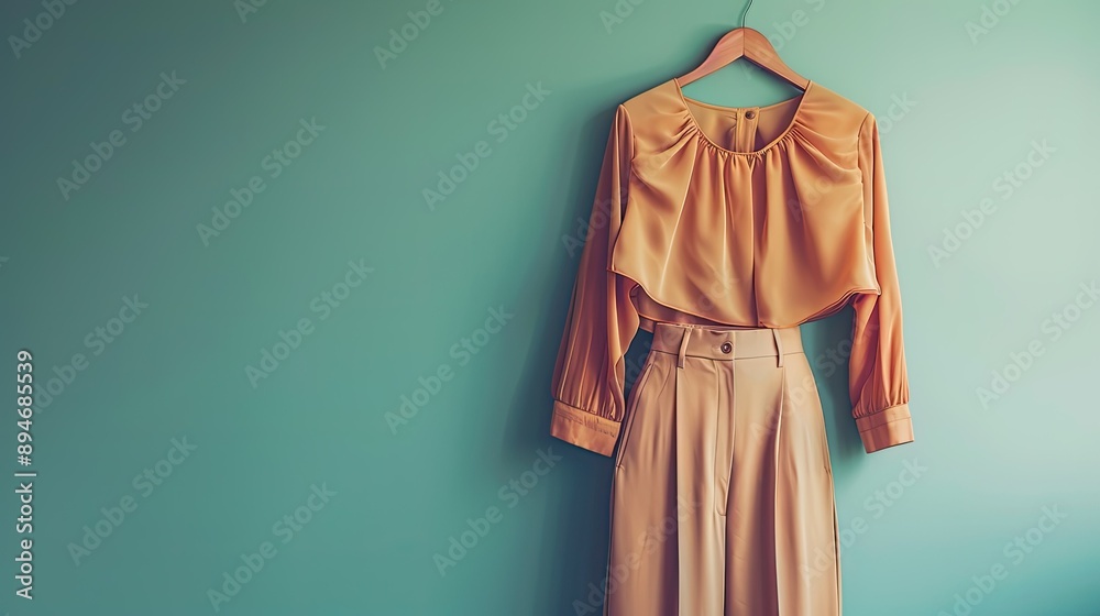 A chic formal outfit with a silk blouse and wide-leg trousers on a hanger against a clean backdrop A chic formal outfit with a silk blouse and wide-leg trousers on a hanger against a clean backdrop
