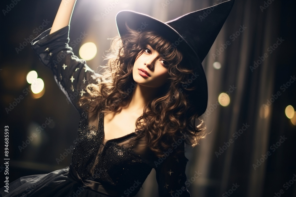 Fototapeta premium Asian woman in witch costume with magic sparkles, fantasy halloween cosplay concept