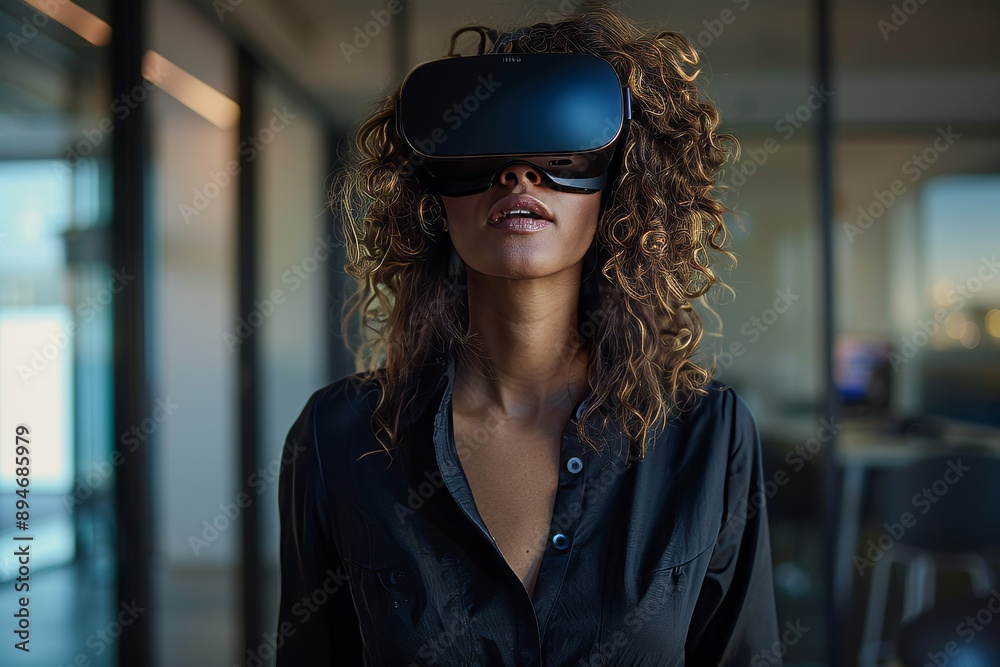 An illuminated office is dominated by a confident businesswoman holding a virtual reality simulator An illuminated office is dominated by a confident businesswoman holding a virtual reality simulator