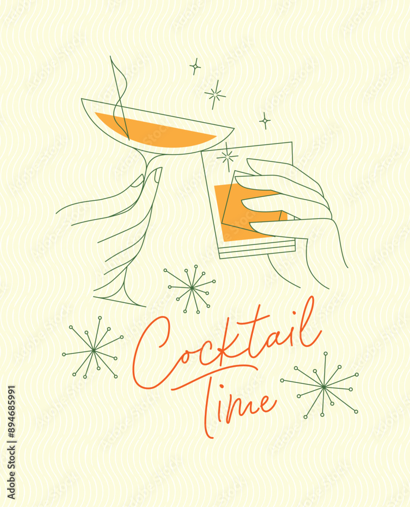 Poster clinking glasses with lettering cocktail time drawing with color on yellow background