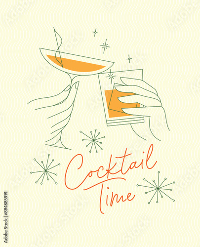 Obraz na płótnie Poster clinking glasses with lettering cocktail time drawing with color on yellow background w salonie