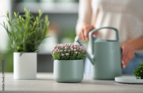 Woman Watering Plants on Table