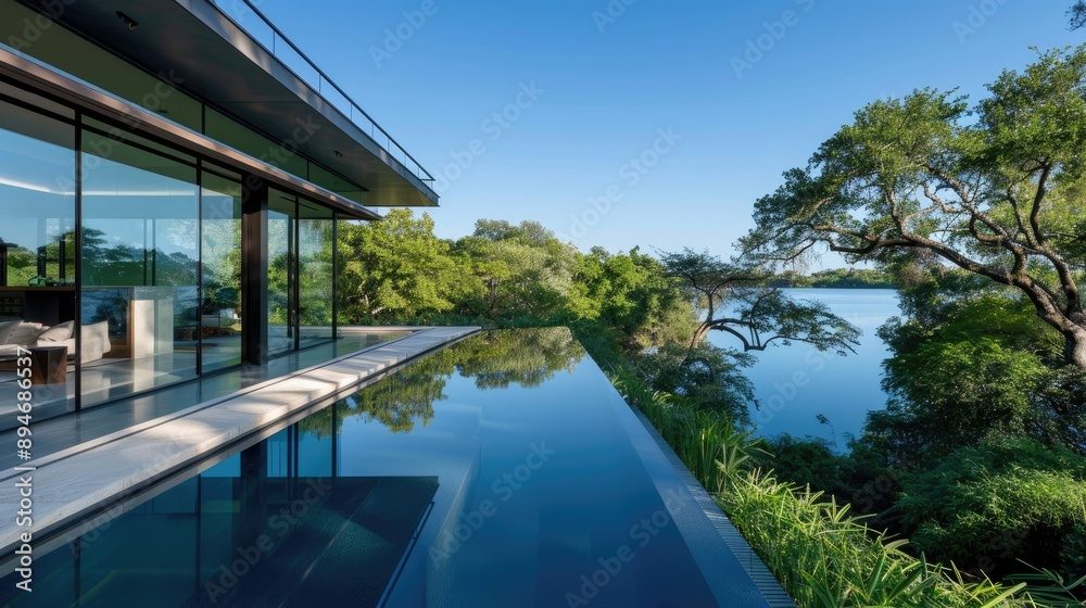 Fototapeta premium A modern luxury home with an expansive glass fa? section ade overlooking a pristine lake