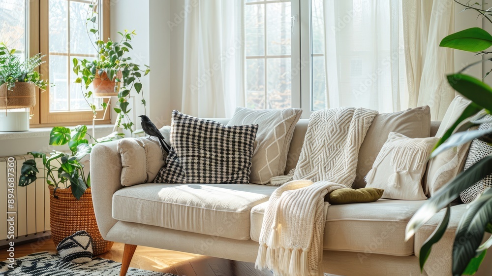 Fototapeta premium Snug living room with beige sofa, large window, patterned pillows, braided plaid, black bird, plants, and personal touches. Home decor template.