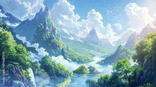 stunning panorama with mountain and river, cartoon or anime style