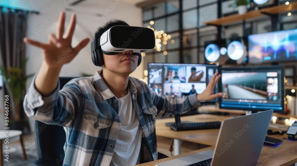 Using editing software and VR glasses, an experienced videographer creates montage for movie production. Editing film footage with visual effects on a computer while wearing virtual reality glasses. Using editing software and VR glasses, an experienced videographer creates montage for movie production. Editing film footage with visual effects on a computer while wearing virtual reality glasses.