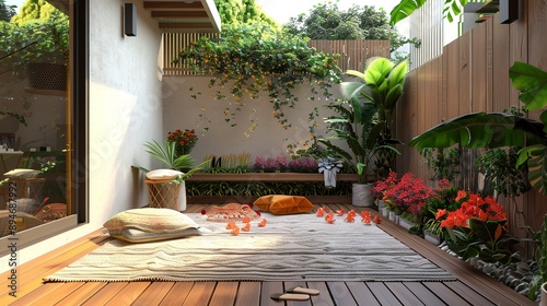 Fototapeta Naklejka Na Ścianę i Meble -  sunny tesunny terrace with wood teck flooring and plantsrrace with wood teck flooring and plants 