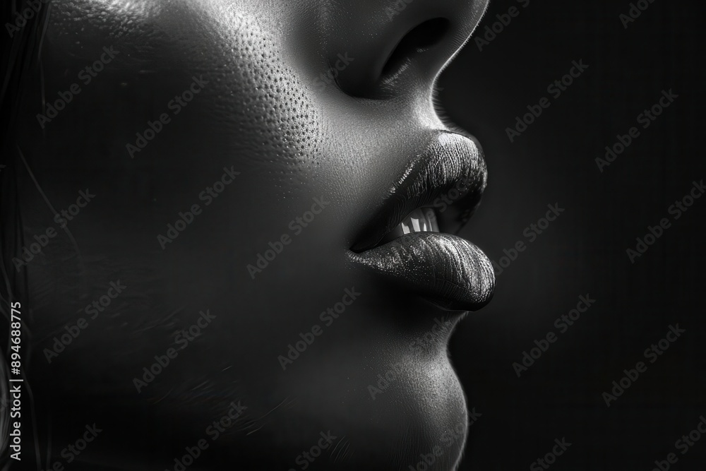 A close-up of a woman's lips and nose in black and white, highlighting texture and detail with artistic lighting. A close-up of a woman's lips and nose in black and white, highlighting texture and detail with artistic lighting.