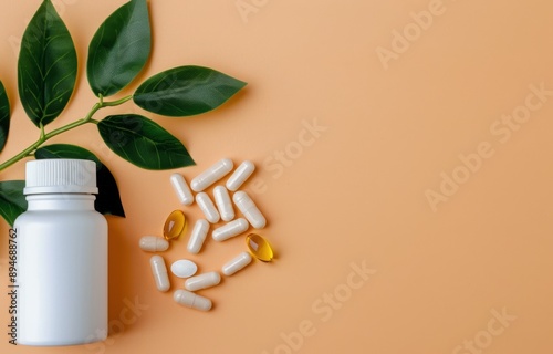 Pills and Leaves on a Peach Background