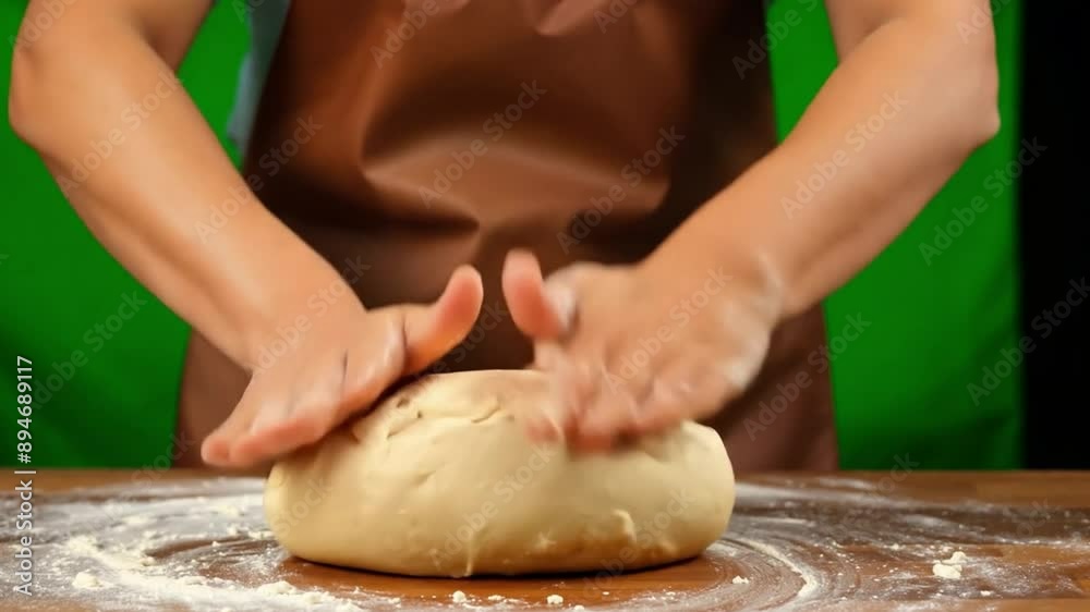 A baker in an apron, kneading dough. Green screen backdrop. Warm, soft lighting to evoke a bakery atmosphere. A baker in an apron, kneading dough. Green screen backdrop. Warm, soft lighting to evoke a bakery atmosphere.
