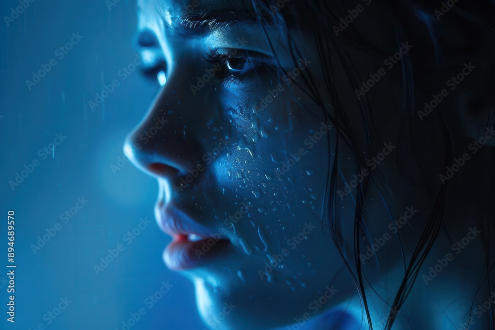 A close-up portrait of a pensive woman with cascading rainwater, illuminated by soft blue light, evoking a sense of mystery.