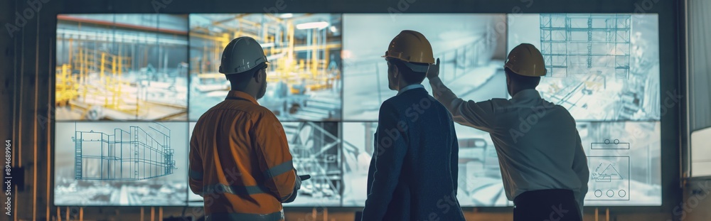 A team of engineers discusses construction plans while looking at a large screen with design diagrams A team of engineers discusses construction plans while looking at a large screen with design diagrams