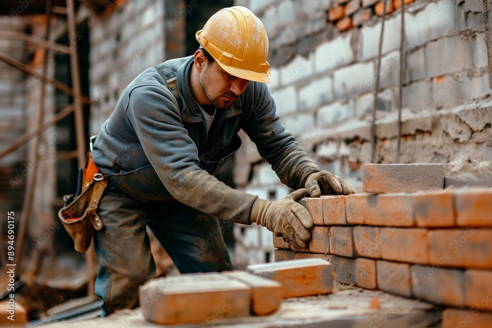 A builder-bricklayer lays out bricks, erecting a new wall A builder-bricklayer lays out bricks, erecting a new wall
