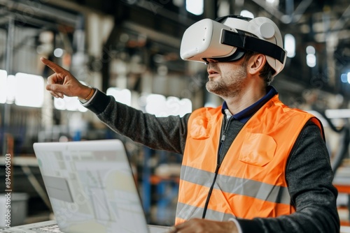 Wearing a safety uniform and helmet, a male factory mechanic is using a virtual reality headset to check machinery in a factory. photo