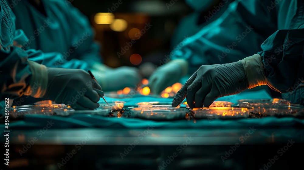 Close-up of a surgeon's hands as they carefully perform a delicate procedure. Close-up of a surgeon's hands as they carefully perform a delicate procedure.